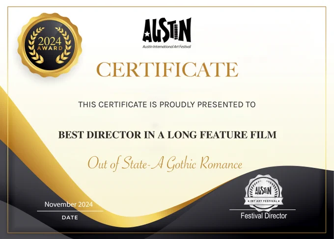 Out of State-A Gothic Romance. Genre Dramatic Comedy 107 minutes 2023 USA. Screenplay #VictoriaBugbee and Charles Bugbee Executive Producers Victoria Bugbee & George A.Warren III, Producers Victoria Bugbee & Co-Producer #Cherie Fortis, Director of Photography #IlyaShnitser Editor #K.A.Miille, Assistant Editor/Post Production Supervisor #MatthewBrueckner Original Score/Sound Design/Audio Mix#JoeDeihl Additional Camera #DanielMarracino #BlairJohnson #DylanWarren #DavidZung Color Grading #Chromavision Poster Design #TomMcKeveny Cast: #SarahMoliski #CarolineWinterson #JamesNester #ARyderTurner #TessWarren #LynneGoldberg #DaveScheffler #PeterBugbee #PaolaTawa Soundpersons #HyoJinAn #OlaitanAgueh #TySheridan #DanielMunro #KatieLoucheim #PhilShipmanAndSoundConsortium #EricBini Singer Songwriters #EmilyKing #KimKalesti #CarterMcNeil #Bachtopus #JohnMason #AmandaAnnePlattAndTheHoneycutters Feature Artist Theme Song #AmieBeckerKarscig. Thank You All
http://outofstate-thefilm.com