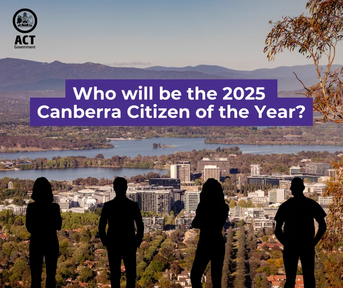 Image by the ACT Government showing four silhouetted figures looking out over Canberra with text 'Who will be the 2025 Canberra Citizen of the Year?'