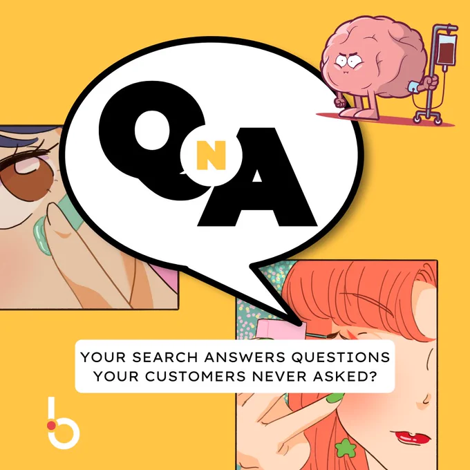 Question and Answer bubble with searchHub brain infusion character and a provocative statement about search. "Your search answers questions that your customers don't ask".
