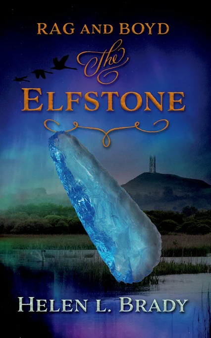 Cover for THE ELFSTONE by Helen L Brady, featuring an oblong blue stone floating over a twilit marsh with a mountaintop tower in the background
