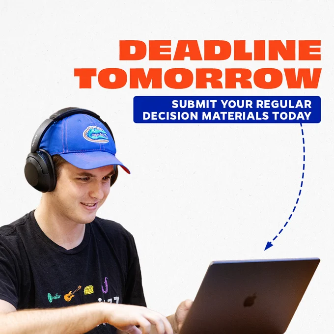 A graphic with the cutout of a student on their laptop. It reads: "Deadline Tomorrow. Submit your Regular Decisions materials today" with an arrow pointing to the student's laptop. 