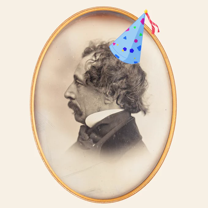 Daguerrotype of Charles Dickens in profile, sporting a thick moustache, rather than a full beard. A drawing of a colourful party hat has been added to the image. 