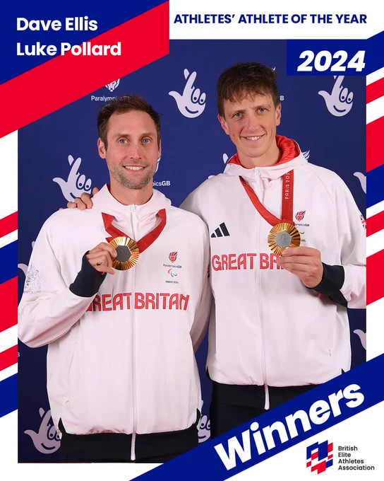 A photo of two mean standing side by side with their arms around each other in front of a blue National Lottery backdrop. They are wearing white and navy TeamGB tracksuits with gold medals around their necks which they both hold up to the camera. The photo is surrounded by a blue and red frame with text which reads: Dave Ellis Luke Pollard Athletes' Athlete of the Year 2024 winners.