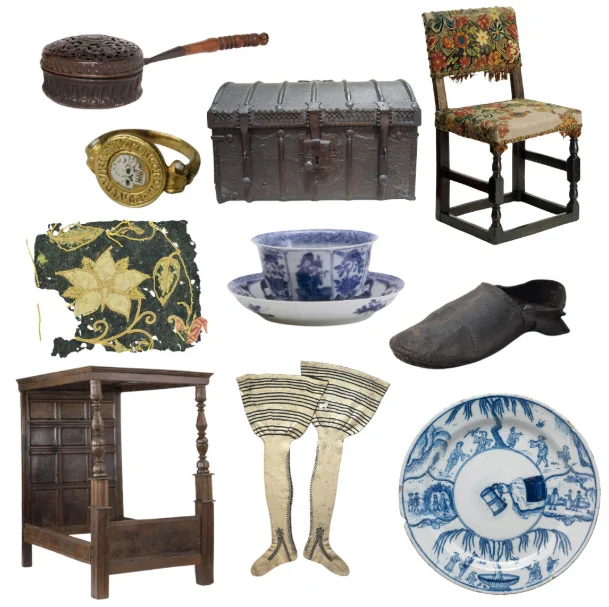 A composite image showing a range of different early modern objects – similar to the wide range of objects found in Denton’s will. Individual images © Victoria and Albert Museum, London, 2024 and © The Trustees of the British Museum