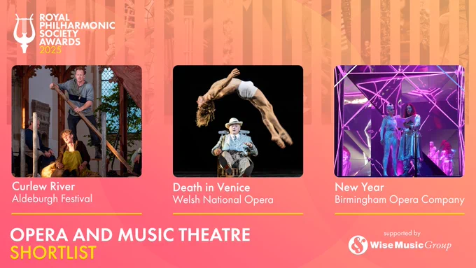 Royal Philharmonic Society Awards 2025 Shortlist announcement graphic. A coral background with a colour image of each shortlistee, above the name of the Award. All text on the graphic reflects the post.