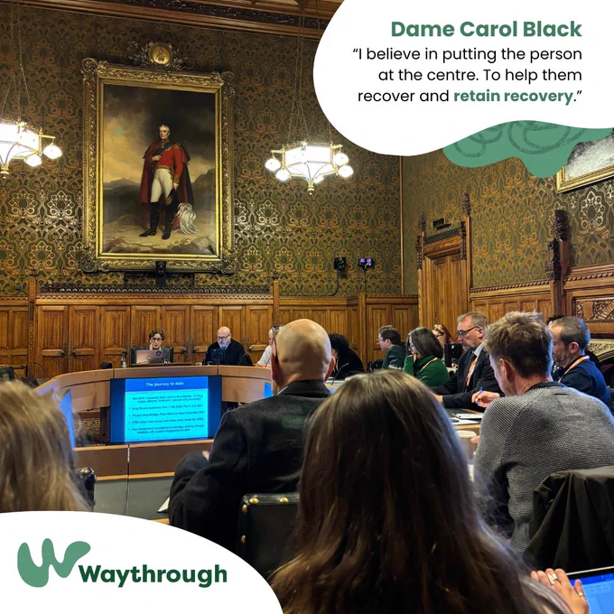 Photograph inside the House Of Commons, for the Drugs, Alcohol & Justice APPG meeting. Photographed is the back of Paul Towsley, Waythrough CEO who was in attendance. Dame Carol Black delivered a keynote on her intended review of drugs - "I believe in putting the person at the centre. To help them recover and retain recovery."