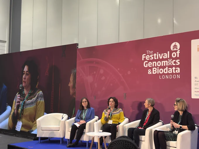 Our Director Nathalie Kingston talking at Day 2 of the Festival of Genomics 2025, Ellen Thomas (Genomics England), Kate Evans (Our Future Health) and Naomi Allen (UK BioBank) - the panel is discussing Building upon the strength of the UK's healthcare data - Pushing Research Towards the Next Frontier