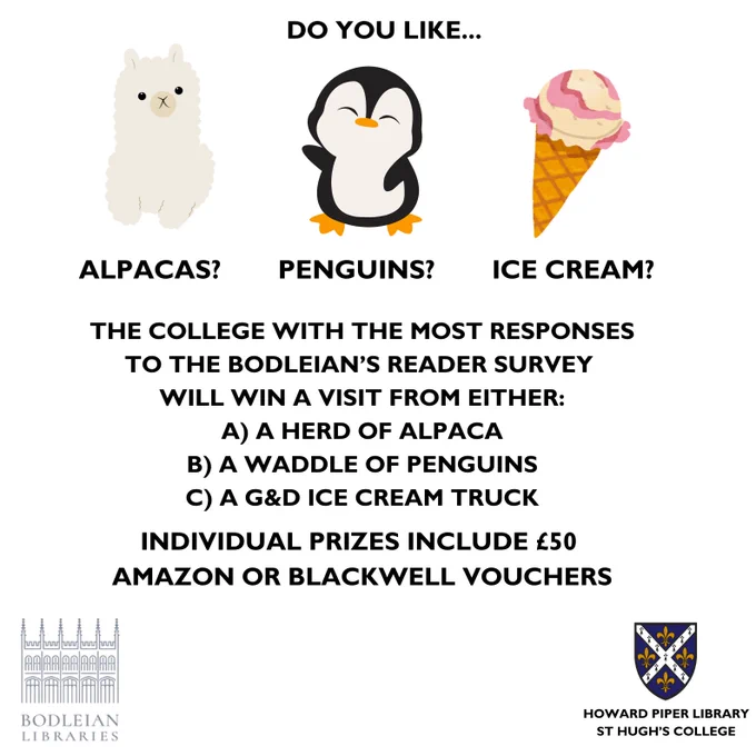 Poster for the reader survey featuring alpacas, penguins, ice cream cone