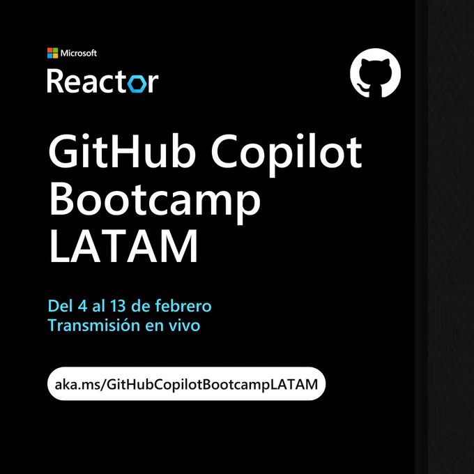 Afiche del evento Bootcamp GitHub Copilot LATAM, que se realizará de manera virtual del 4 al 13 de febrero, incluyendo el enlace.