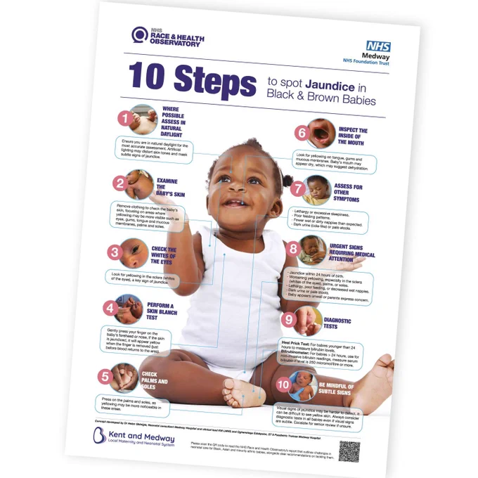 Poster resource outlining 10 steps to spot jaundice in Black and Brown babies.