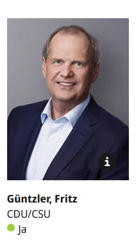 Screenshot Abstimmungsverhalten Bundestag rassistischer Entschließungsantrag der CDU vom 29.01.2025: Güntzler, Fritz (CDU/CSU): „Ja“