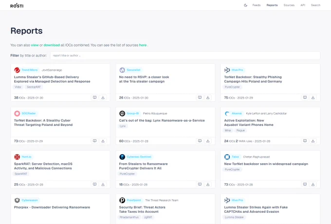 Screenshot of the "reports" section of Rösti. The page displays multiple reports in a grid format, each with a card-like design. Each card includes information such as the report title, author, publication date, associated threat indicators (IOCs and YARA rules), and source organization. 