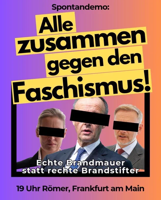 Um 19 Uhr wird am Römer eine Spontandemo gegen den Faschismus anlässlich der aktuellen Zusammenarbeit von CDU und FDP mit der AfD stattfinden. 