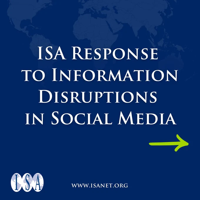 Text: ISA Response to Information Disruptions in Social Media
Image: dark blue background with faded world map on top. ISA logo and green arrow pointing right