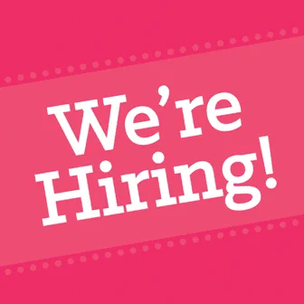 Writing reads "We're Hiring" on a Pink background. 