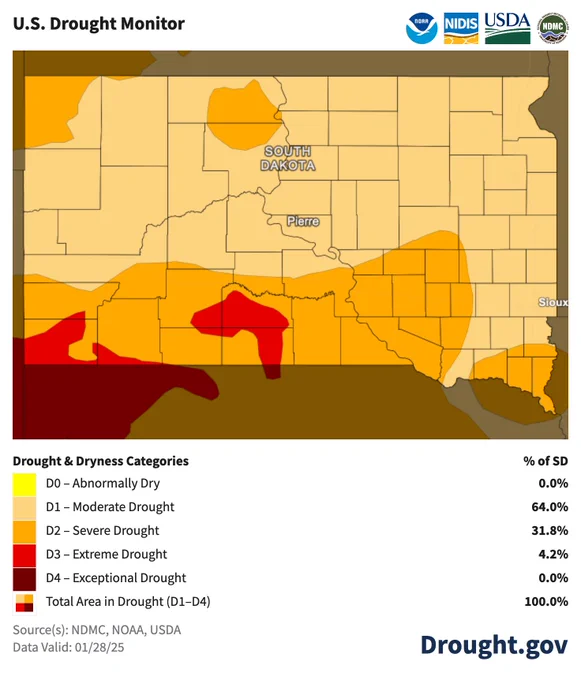  The January 28 U.S. Drought Monitor highlights South Dakota, where 100 percent of the state is in drought. Severe and Extreme Drought (D3) cover parts of northern and southern South Dakota. 