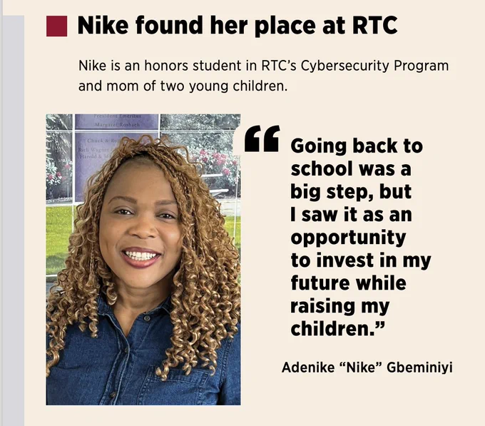 Photo of Adenike 'Nike' Gbeminiyi smiling, with a quote about returning to school through RTC's Cybersecurity Program and its impact on their future and family. Background shows a blurred scenic outdoor area.