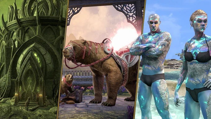 Three panels reveal upcoming items in the Crown Store. On the left, a green-hued abode sits under an Apocryphal sky. In the center, a bear mount and cub sit adorned in red and pink. On the right, two adenturers stand in water with shimmering opalescent skin.
