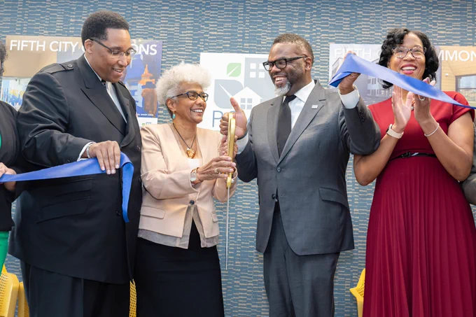 Photos: Mayor Brandon Johnson joins community members in celebration of the ribbon cutting for phase 1 of Fifth City Commons in East Garfield Park.