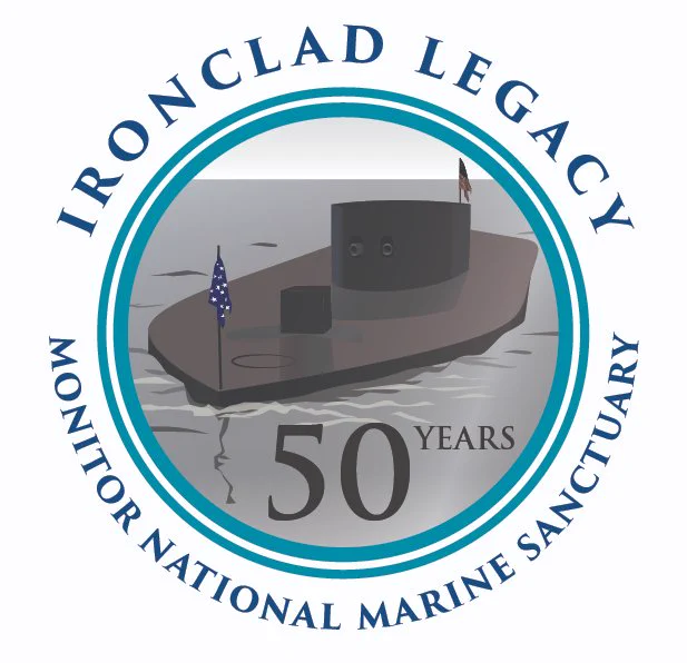 50th Anniversary logo for Monitor National Marine Sanctuary. 

Graphic text: 
Ironclad Legacy
50 Years
Monitor National Marine Sanctuary