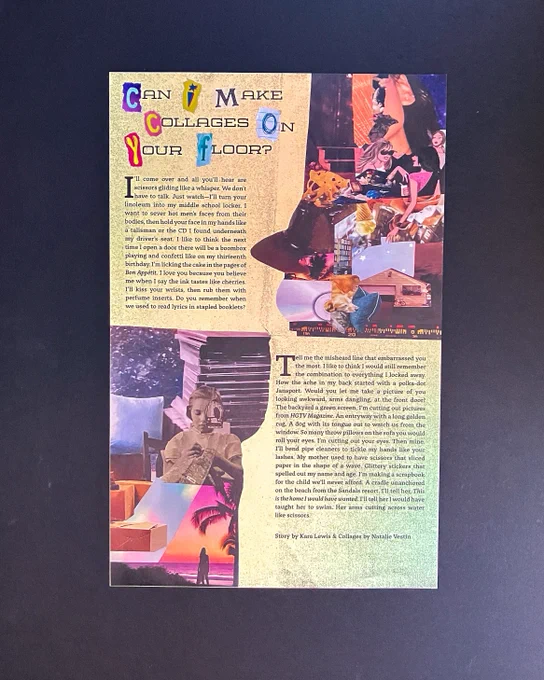 The front side of volume 49 in print, featuring the poem "Can I Make Collages on Your Floor." It features a collage of late 1990s/early 2000s nostalgia, such as stacks of CD roms, photos of women from magazines, and images of suburban model homes.