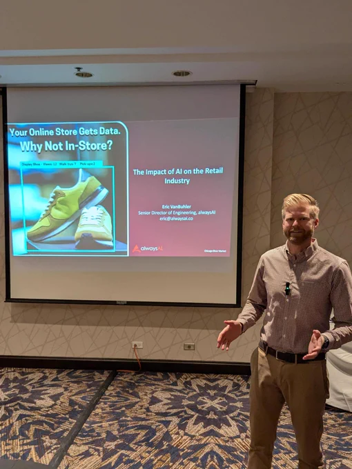 alwaysAI's Senior Director of Engineering presenting at the Chicago Shoe Market on the power of computer vision for retail.