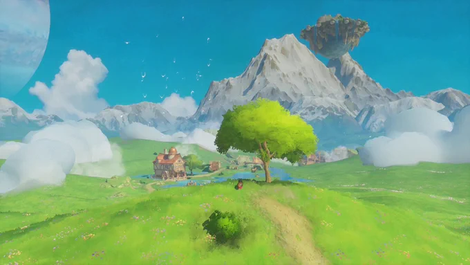 Protagonist Zee standing under a tree in a lush green landscape, with a cerulean sky as the backdrop. In the background, a cottage hums.