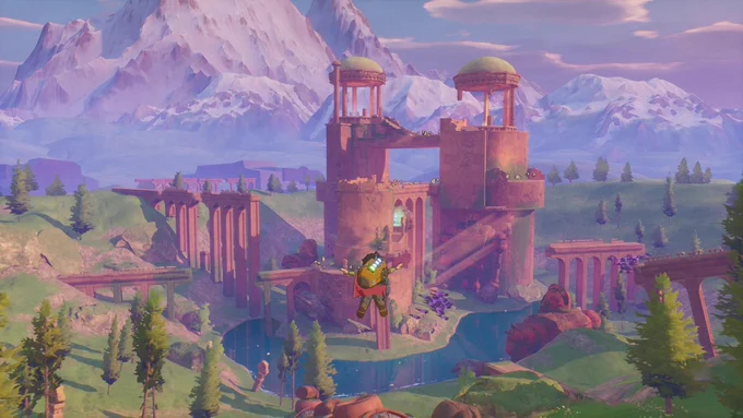 Protagonist Zee flying in a large, wide landscape with castle ruins in the background. Very pink and purple visuals.