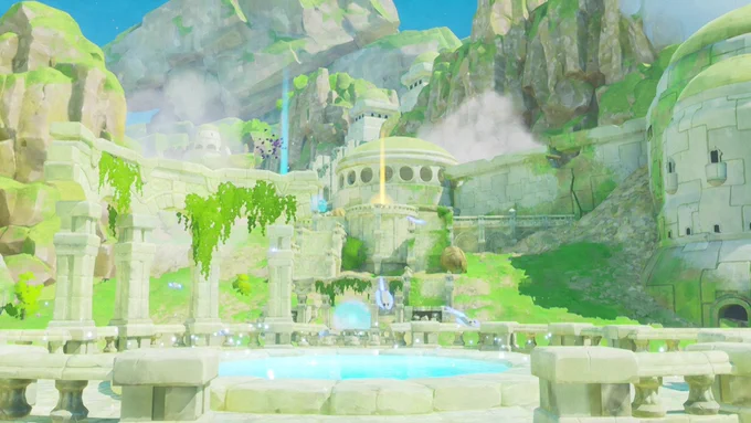 A beautiful bunch of ruins. Visuals are bright and sunny, with much vegetation and verdant grass. There is a pool of water in the center.