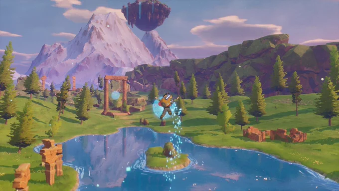 Protagonist Zee glides over a lake, the sunset casting off a mountain in the background. Trees and lush grass surround the blue lake.