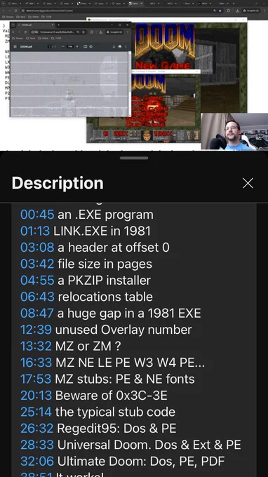 A screenshot of a YouTube livestream on the Dos EXE format showing a Doom polyglot.