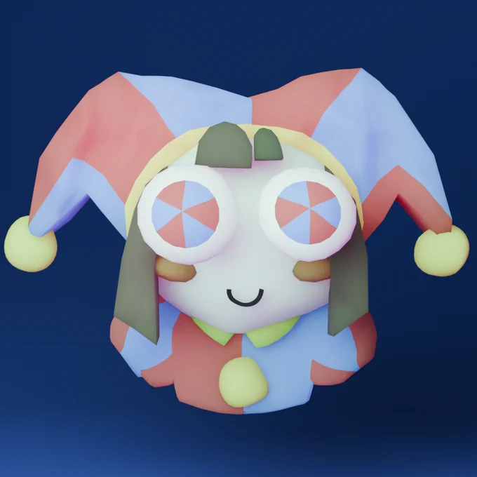 Pomni from The Amazing Digital Circus, made inside of Blender 3D modeling application. Meant to have a clay-like style