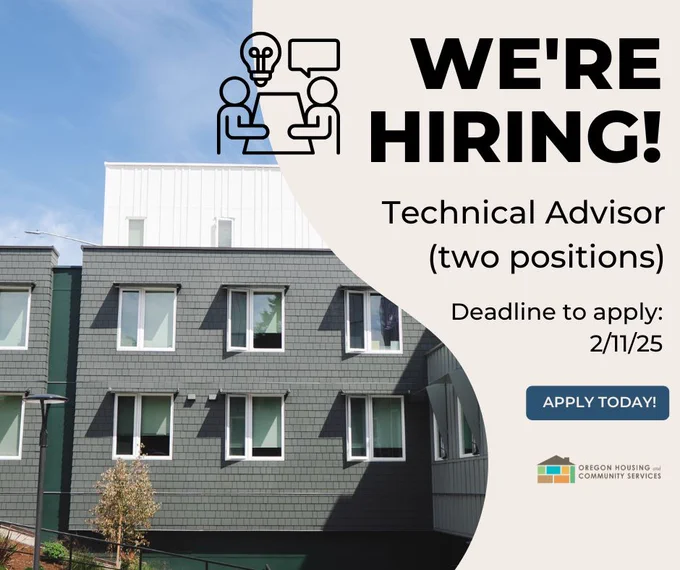 Recruitment graphic from OHCS featuring a modern building, promoting two available positions for a Technical Advisor with the application deadline of February 11. 