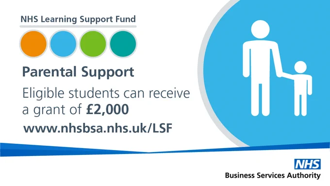 Graphic for the NHS Learning Support Fund featuring text stating 'Parental Support - Eligible students can receive a grant of £2,000.' Includes web link and NHS Business Services Authority logo, along with a graphic of an adult holding a child's hand.