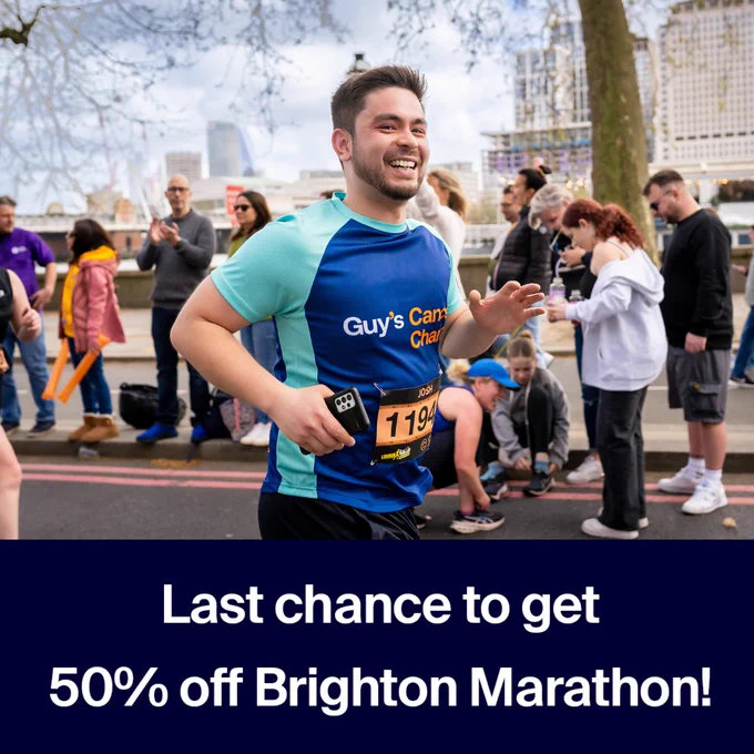 A Guy’s Cancer Charity runner at a marathon. They are wearing a teal and navy-blue charity T-shirt. Underneath the image is text on a navy-blue background that says 'Last chance to get 50% off Brighton Marathon!'. 