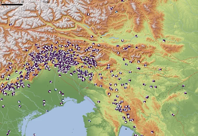 A map of the Alps with earthquake focal mechanisms