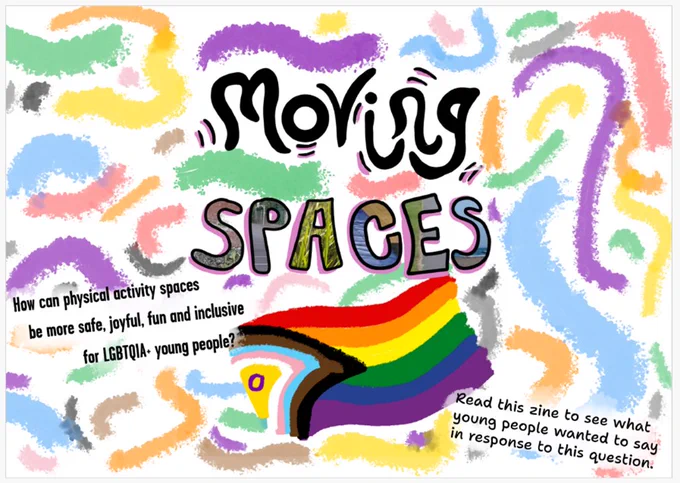Image from the 'Moving Spaces' zine exploring how physical activity spaces can be more safe, joyful, fun and inclusive for LGBTQIA  young people.