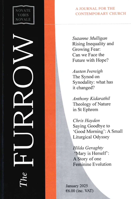 Cover of The Furrow journal, January 2025 issue. With an orange stripe and listed titles of the articles inside. 
