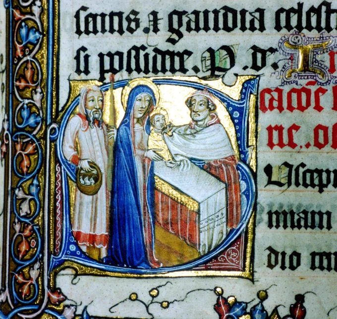 An illumination from a medieval manuscript depicting the presentation of Christ in the temple