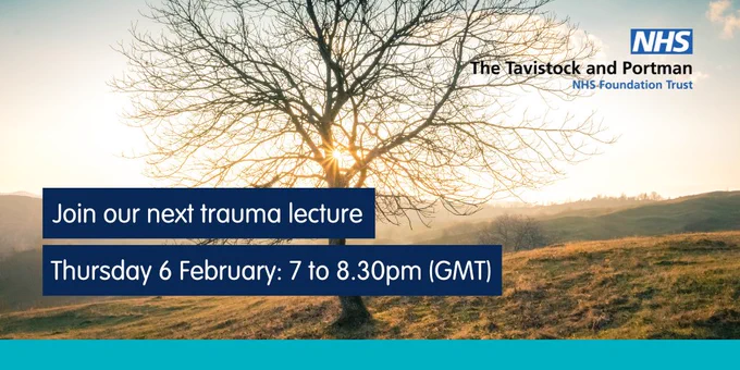 The background image is of a leafless tree on a grassy hill, against the backdrop of a sunny blue sky. There are two lines of copy. First line says 'Join our next trauma lecture'. Second line says 'Thursday 6 February: 7 to 8.30pm (GMT)'. 