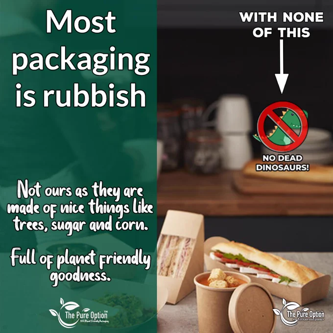 This is a picture of some of our packaging with the headline "most packaging is rubbish" ( did you see what we did their) , it also says not ours as they are made from trees, sugar and corn, this isn't strictly true as we are making some of our products from grains and vegetables but we felt this was a bit too long winded so we stuck with our most common stuff,.....................
are you still here, we don't really have much else to say, although we should of said the picture shows some of our salad and sandwich products, maybe we should of added that earlier.