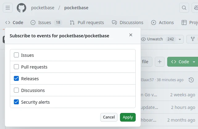 GitHub repo's custom watch options modal