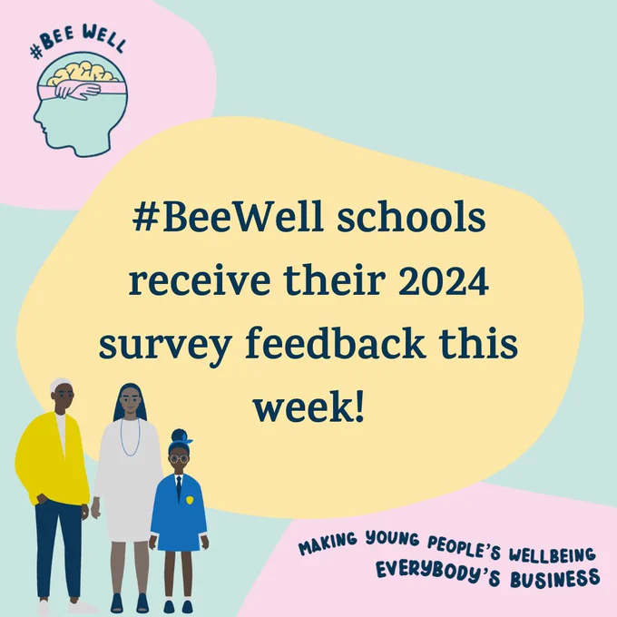An image of the #BeeWell logo and text that reads '#BeeWell schools receive their 2024 survey feedback this week!' and the slogan 'Making young people's wellbeing everybody's business'. 
