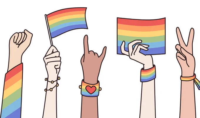 A graphic of hands waving the LGBT  flag