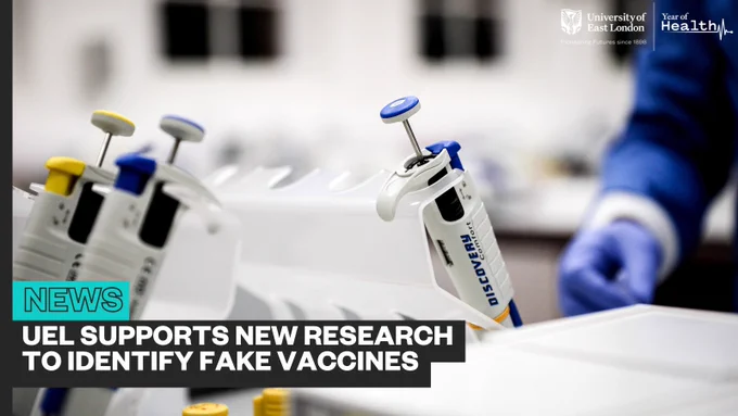 Scientist using a pipette in a laboratory. Text reads 'News', 'UEL supports new research to identify fake vaccines'.