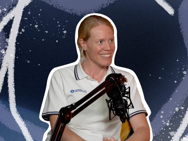 Helen recording A Life on the Progressive Side podcast