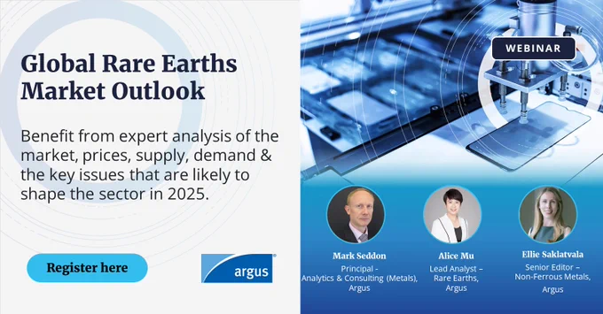 Banner for Global Rare Earth Market Outlook webinar featuring speaker photos, a graphic of a mobile phone assembly, Argus Media logo and text 'Benefit from expert analysis of the market, prices, supply, demand and the key issues that are likely to shape the sector in 2025'