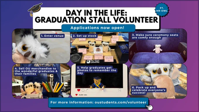 A grid of images of the OU owl at a graduation ceremony titled 'Day in the life: graduation stall volunteer, applications now open!'
Images from 1-6; Enter venue, set up stock, make sure ceremony seats are comfy enough, sell OU merchandise to the wonderful graduates and their families, help graduates get photos to remember the day, pack up and celebrate everyone's success.'