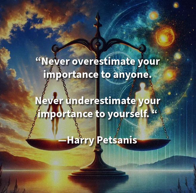 “Never overestimate your importance to anyone.

Never underestimate your importance to yourself. “

—Harry Petsanis 

#KnowYourWorth
#SelfValueMatters
#InternalValidation
#PrioritizeYourself

“Never Overestimate Them, Never Underestimate You” by Harry Petsanis, Mindset Consultant