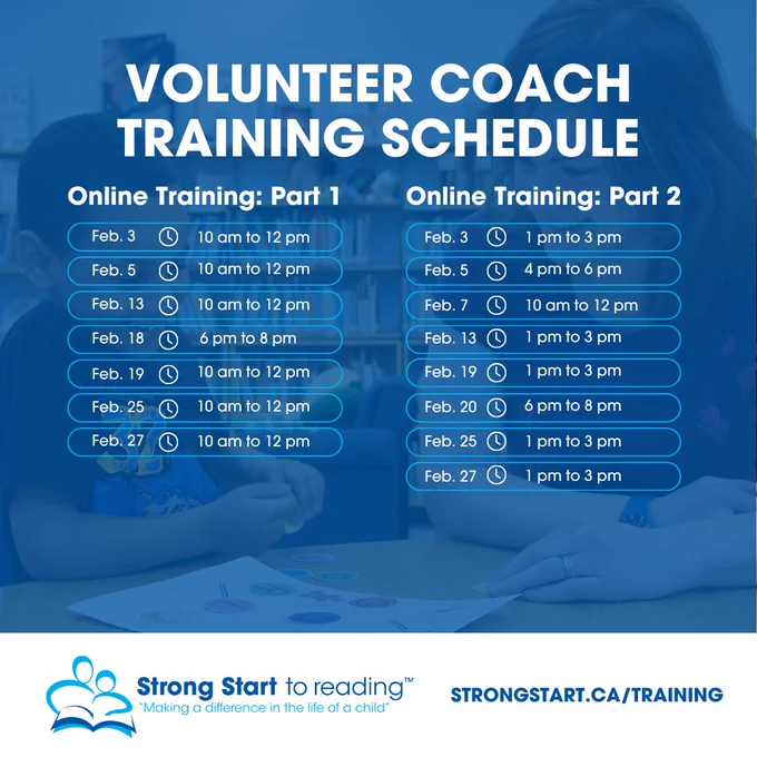 A list of online training to become a volunteer coach for Strong Start. Several dates are listed throughout February 2025.